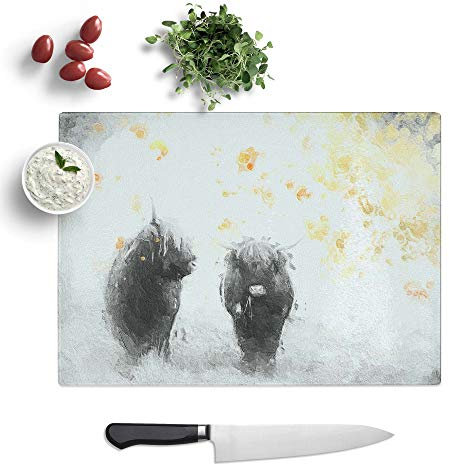Glass Chopping Board - Two Highland Cows in Abstract - Textured Worktop Saver Cutting Board - Heat Resistant, Shatterproof and Hygenic - 39 x 28.5 cm