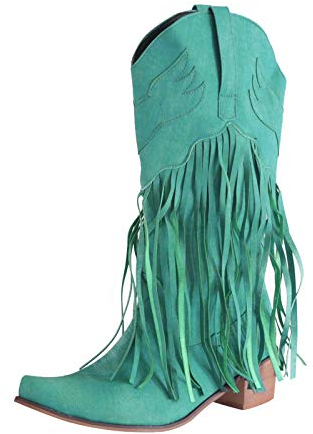 Stivali da Donna con Tacco Piatto, con Frange, Stile Casual, Stivaletti da Neve/Invernali in Pelle con Punta Quadrata Nappa Scarpe con Tacco Basso Caviglia Occidentale (39,Nero)