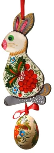Osteranhänger Hase mit kleinem Osterei Osterschmuck aus Holz 12 x 6,5 x 0,5 cm. + Ei 3-4 cm Exklusiv Handbemalt -Ukrainische Handarbeit