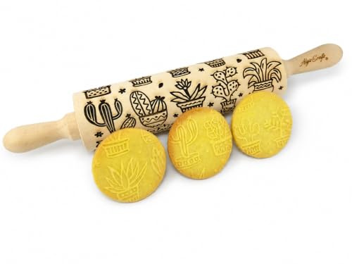 Rodillo de amasar con relieve CACTUS para repostería casera. Rodillo grabado con las suculentas para masa y galletas, tartas y pasteles. Rodillo de amasar con patrones de Algis Crafts
