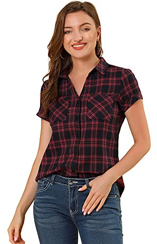 Allegra K Klassisches Westernhemd mit Knopfleiste für Damen, Baumwolle, kariert, Rot, schwarz, X-Groß