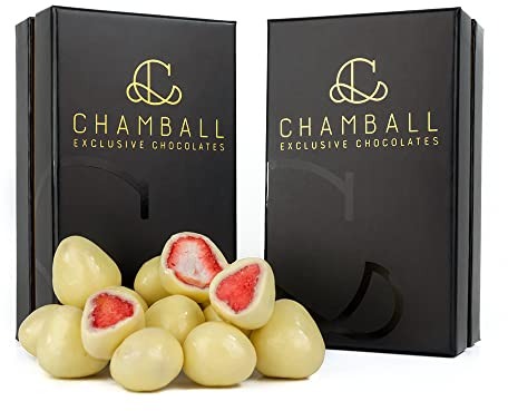 Pack 2 x Caja Chamball Strawberries/Fresas seleccionadas bañadas en chocolate blanco belga. Atrévete a maridarlo con un vino blanco seco, con cava o champagne.