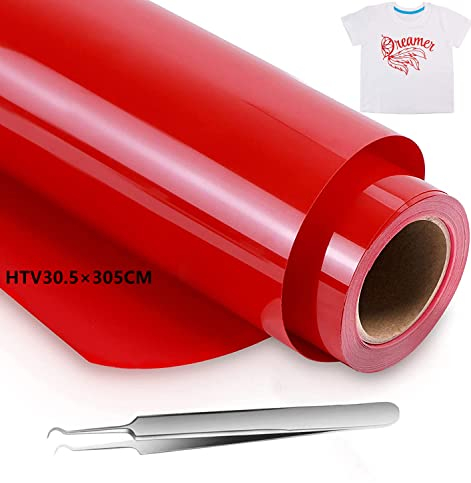 Rouleau Flex Thermocollant pour Tissu 30.5×305cm,Transfert Textile Thermocollant Vinyle pour Cricut et Découpe Silhouette,Facile à Couper pour T-Shirts,Sac,Livré Avec Des Pincettes (rouge)