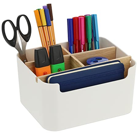 Relaxdays Schreibtisch Organizer, 5 Fächer, Kunststoff und Holz, Badorganizer, modern, HxBxT: 9,5 x 18 x 15 cm, weiß