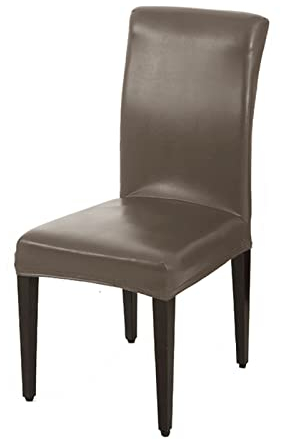 GUYIRT Wasserdicht Ölfest Stuhlhussen FüR EsszimmerstüHle Einfarbiges PU-Leder Stretch Esszimmer Stuhl Protector für Küche Zimmer Hotel -Taupe-2Pack