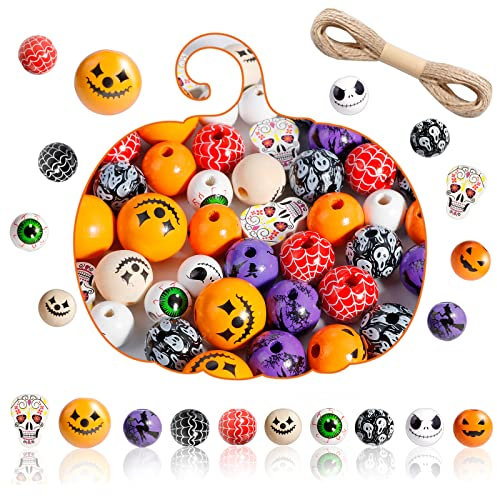 100 Stück Halloween-Holzperlen, 10 Stile, Holzperlen zum Basteln, runde Holz-Abstandshalter, Geister-Hexe, Grimasse, Spinnennetz, Augapfel, runde Perlen für DIY-Heimdekoration, Halloween-Perlen mit 10