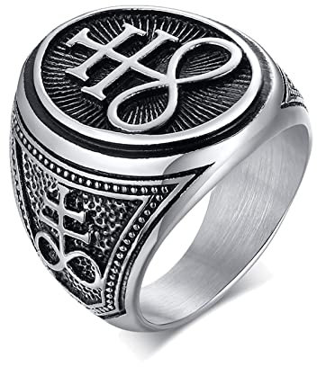 Satanischer Siegelring Herren, Geschenke Edelstahl Siegel des Leviathan Kreuz Symbol Punk Biker Ring für Männer Männer Kirche der Dämon Teufel Satan Ringe, Amulett Schmuck für Männer, Größe 62 (19.7)