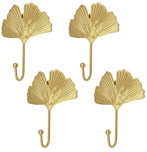 MOROBOR Decorative Leaves Iron Hooks,4pcs Ginkgo Leaf Shape Wall Mounted Hooks Modern Key Holder Wall Mounted Gold Single Prong Coat Hanger Home Office Nursery Room Decoration