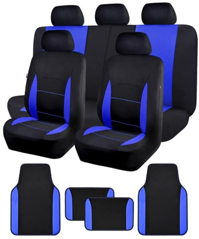 Flying Banner Universal Sitzbezug Auto Komplettset mit rutschfesten Auto-Fußmatte (Combo Set, Blau)