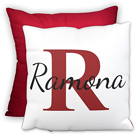 LOOXIS Personalisiertes Kissen mit Namen Bedruckt – 40x40 cm, Rückseite farbig, Leinenhaptik, Kalligraphie – Geschenkidee Männer, Frauen, Jahrestag, Einzug – Orientrot