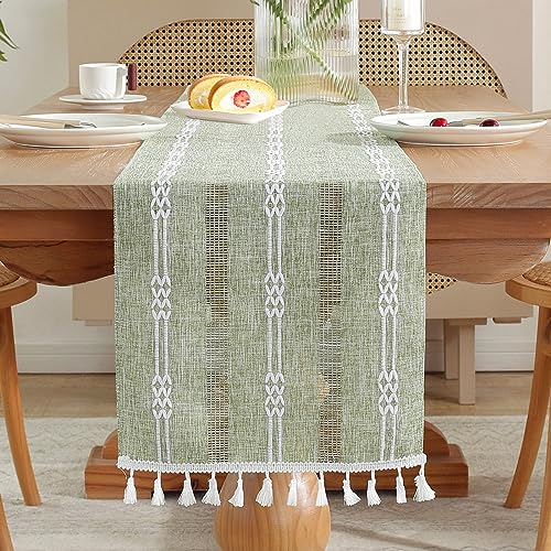 AUAUY Tischläufer Boho, Makramee Tischläufer Landhausstil Table Runner mit Quasten, Tischläufer für Deko Boho, Hochzeit, Brautdusche, Esstisch Dekor, Partys, Dessert-Tischdekoration (Grün 33x180cm)