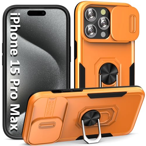 ADDIT Schutzhülle für iPhone 15 Pro Max, mit Schiebe-Kamera-Abdeckung und Ringhalter-Ständer, unterstützt magnetische Autohalterung, Militärqualität, strapazierfähig, für 15 Pro Max Hülle, Orange