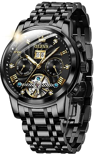 OLEVS Automatikuhren für Herren, Diamant-Skelett, mechanisches Tourbillon, Selbstaufzug, Luxus-Anzugsuhren, mit Kalenderfunktion, leuchtend, wasserdicht, Traditionell