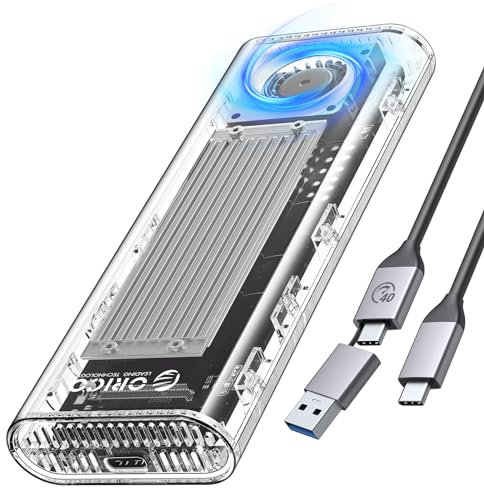 ORICO 40Gbps M.2 NVMe SSD Enclosure with Built-in Cooling Fan, Upgraded Transparent 40Gbps External Hard Drive Enclosure, Support UASP & TRIM, Support 2230 2242 2260 2280(only M key) Silver