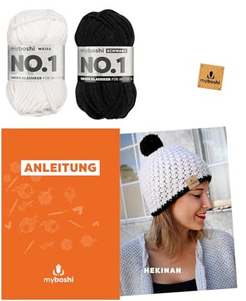 myboshi Häkelset Mütze Hekinan, Häkelset für Fortgeschrittene, inkl. No.1 Wolle, Anleitung, Label, 30% Wolle (Merinowolle) Weiß ohne Häkelnadel