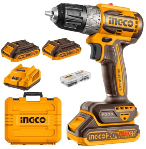 INGCO Cordless Drill Max Torque 52 Nm, 22+1 Torque Settings, 20V Brushless Electric Drill with 2.0Ah Battery and Charger CDLI20453