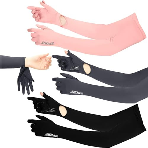 BOARDFEB 3 Paires Gants Anti UV Longs pour Femme, Gants de Protection Contre Le Soleil pour Écran Tactilep Antidérapantsp Protection Intégrale UPF 50+ pour Sports de Plein