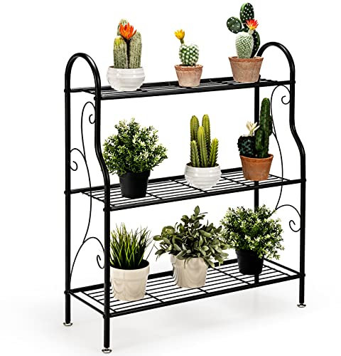 RELAX4LIFE Scaffale per Piante a 3 Livelli, Porta Piante in Metallo con Piedini Regolabili, Supporto Per Piante per Interno ed Esterno, Nero, 71x25x82,5 cm