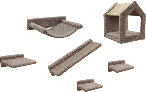 Kerbl Pet Kletterwand Monte Baldo, Wandkratzbaum, taupe, max. Belastbarkeit 10kg, 6-teilig, platzsparend montierbar, Sisalsäulen, für mehrere Katzen
