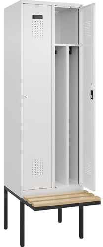 kaiserkraft | Schwarz-Weiß-Spind Evolo Plus Sitzbank | schmal | 2 Abteile | Trennwand verkürzt | weiß | B 600 mm | Zylinderschloss | mit auskragender Sitzbank | Buche
