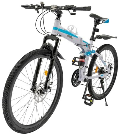 Zoobotanica 21 Speed 26 Inch Mountain Bike, Foldable Mountain Bike, High Carbon Steel Body, Front and Rear Mechanical Disc Brakes, for Adults Youth Use (Blue, White)