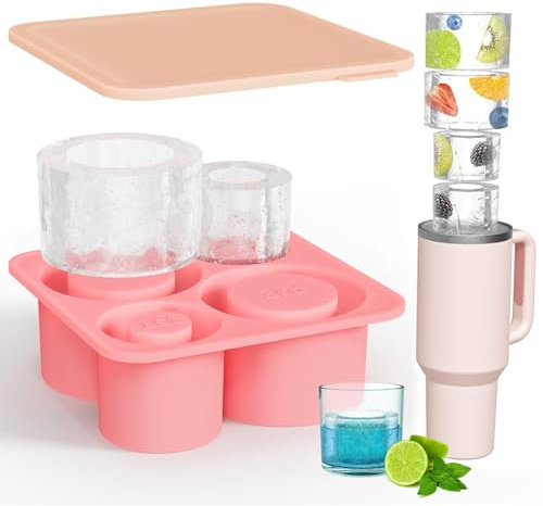 Ice Cube Tray Mold with Lid for Stanley Cup 14-40Oz Tumbler, 4 Hollow Cylinder Ice Cube Molds Ice Mold with Lid and Bin for Chilling Cocktails Whiskey Drinks Coffee,with Stainless Steel Clip (Pink)