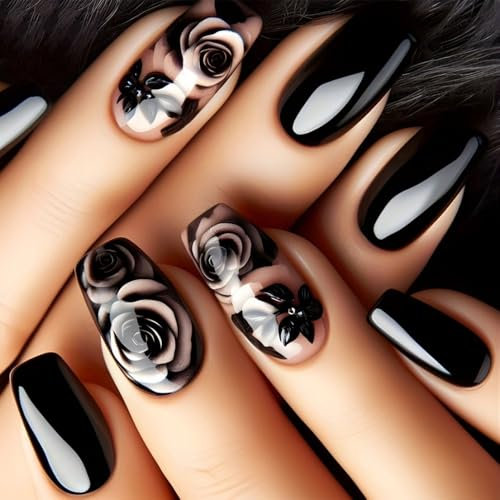 ＴＩＺＹＦＦ Press on Nails, Black Rose Fake Nails, Artificial Nails for Women and Girls -24 pcs