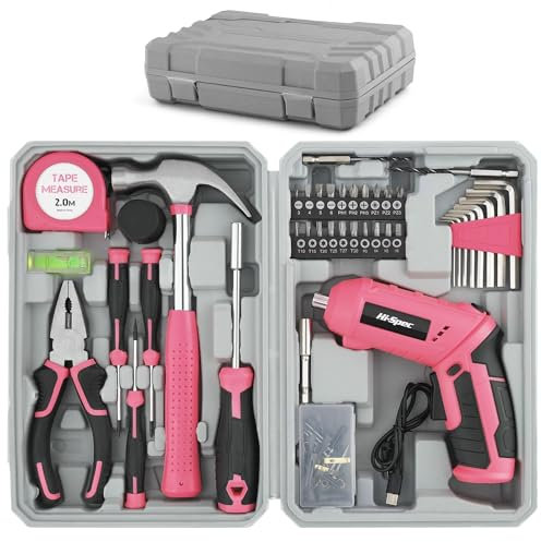 Hi-Spec 42tlg. Werkzeugkoffer mit kleinem 4V. Akkuschrauber und Haushaltswerkzeugen. Komplettes Werkzeugset für Frauen und Heimwerker in praktischer Werkzeugkiste