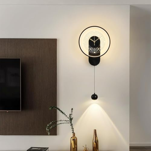 Stesulfr LED-Wandleuchten Wanduhr Kreativ mit 3-farbiger Beleuchtung Uhr Design Wandleuchte Schwarz Wandbeleuchtung Moderne Wanddekoration für Wohnzimmer Esszimmer Büro Küche Dekoration Wandlampe(Blac