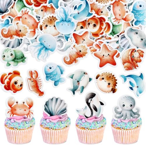Blumomon 48 Stück Meerestiere Cupcake Topper Essbare Kuchen Dekoration Geburtstagstorte Topper Ozean Party Supplies Kuchen Dekoration