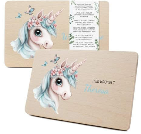 Yabaduu Individuelles Holzbrett für Kinder 23,5x15cm Frühstücksbrettchen Brotzeitbrett personalisiert aus Holz Tier-Motiv als Geschenk Geburtstag Kind RV007 (09 Einhorn, Mit Wunschname)