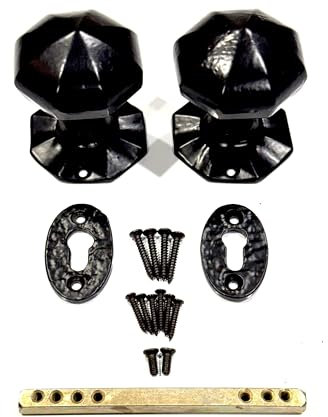 SCORPIO HARDWARE Door Knobs Black Round Oval Octagonal Cast Iron Antique Tudor Rim or Mortice (Octagonal Knob)