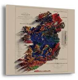 Relief Landkarte Irland Karte 1855 Maßstab 1:2000000 – Irland Topographische 3D-Karte als XXL Leinwandbild Quadratisch – Wandkarte für Reiseliebhaber Geschenkidee (30x30 cm)