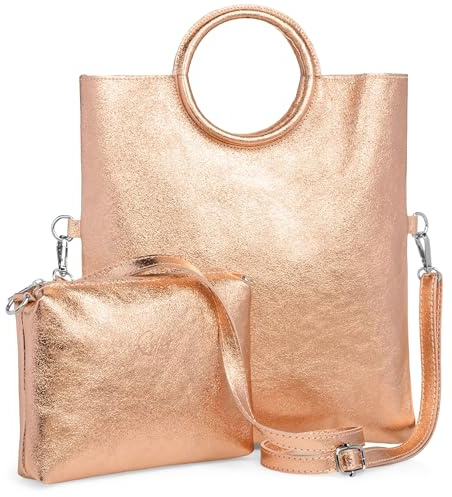 Caspar 2 in 1 Leder Set Umhängetasche mittelgroße Damen Handtasche Crossbody Bag mit herausnehmbarer Innentasche - CLASSIC LINE - Modell No.836 - Made in Italy, Farbe:roségold metallic