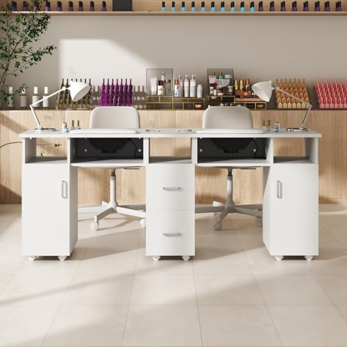 BTGGG Professional Manicure Nail Table Salon Nail Desk with Built-in Nail Dust Collector & Nail Arm Rest Manicure Desk on Wheels (Double)