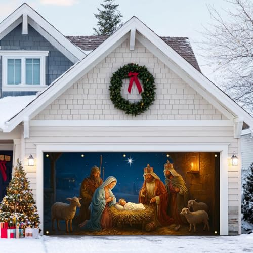 HOMETITUTE Bannière de porte de garage pour crèche de Noël - 4 x 1,8 m - Toile de fond avec veilleuse étoilée - Animaux religieux - Décoration de cour de Noël pour extérieur - Décoration murale