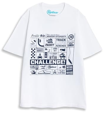 Top Gear Unisex White Graphic Short Sleeved T-Shirt | Motorsport Theme with Track Life, Challenge & The Stig | Casual Wear for Automotive Enthusiasts Merch