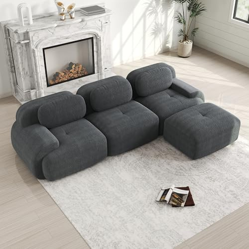 Ball & Cast Cord Sofa, Boneless Couch mit Ottomane, Ohne Montage, Sofa Modular mit Polsterung für Wohnzimmer, Schlafzimmer, Grau, 3 Sitze + 1 Ottomane