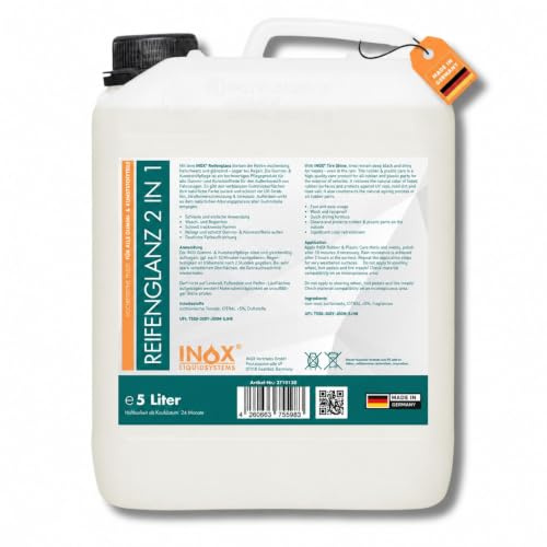 INOX Reifenglanz 5L, Kunststoff- & Gummipflege für Auto außen, Schwarz | Reinigt und pflegt Reifen, Kunststoff und Gummi als Reifenreiniger. Verleiht tiefes Reifenschwarz mit starkem, langem Glanz.