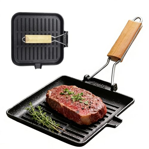 Piashow Grillpfanne Steakpfanne, Gusseisen Grillplatte Induktion mit Klappbarer Holzgriff, Viereckige Induktion Grillpfanne für Alle Herdarten, 20×20cm