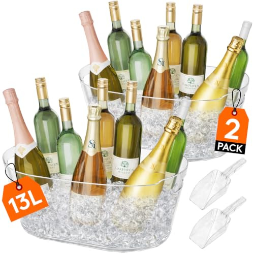 Lifewit 13L Plastic Ice Bucket for Parties with Handle & Scoop, 2 Pcs | Thickened Drop-Resistant Beverage Tub for Champagne, Wine, Beer, Juice, Drink Cooler for Mimosa & Soda Bar, Table Chiller