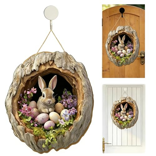 Osterdeko Türschild aus Holz,25 x 22cm Osterhase Türkranz Frühling,Ostern Haustür Deko zum Aufhängen,Tür & Wand Fensterdeko Modern