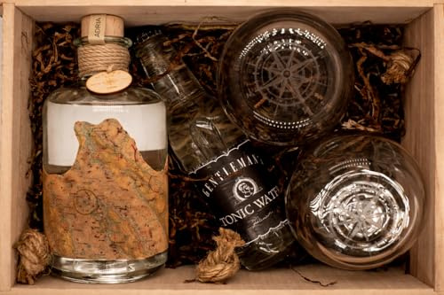 Navis Geschenkset – 0,5L Premium Gin mit 1 Flasche Gentleman's Tonic & 2 Gläsern mit Kompass-Gravur – Nachhaltig verpackt in maritimer Holzkiste (Navis Geschenkset ADRIA)