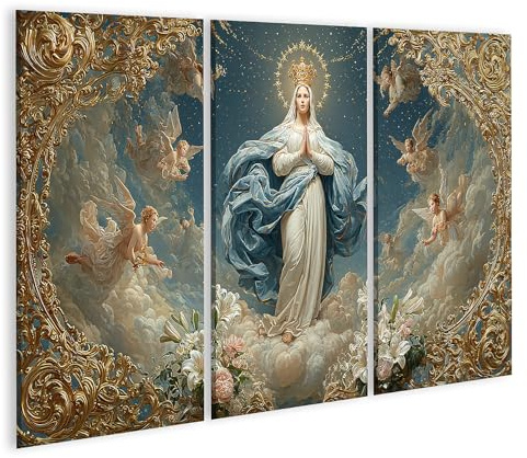 islandburner Bild auf Leinwand Wandbild der Jungfrau Maria mit Engeln und Blumenarrangement - 3-teilig