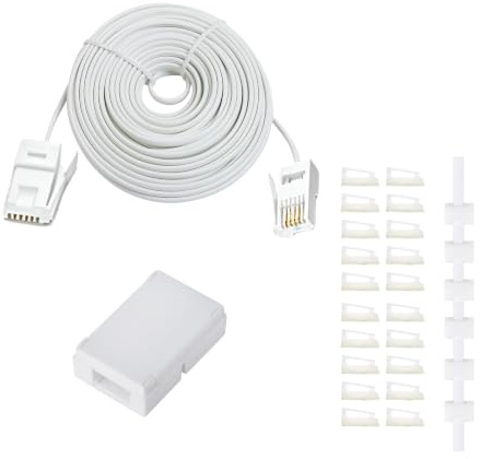 HAWAKA BT Extension Cord 10 Metres, 33 Feet Long British Telephone Cable with Standard BT Plug and 1 in-Line Couplers and 20 Cable Clip Holders