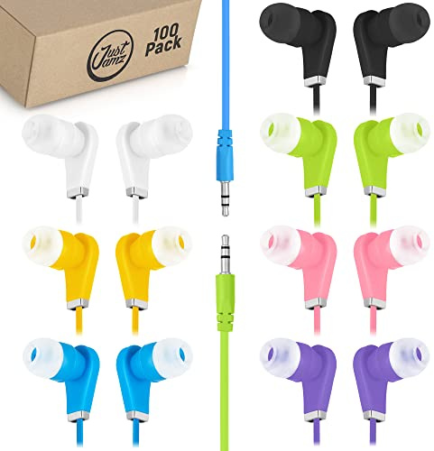 JustJamz Bulk Earbuds Bits, 100 Pack of Colorful in-Ear Earbuds, 3.5mm Stereo in-Ear Earphones, Bulk Earbuds, Disposable Headphones, Multi-Color Earphones for Schools, Kids, Classrooms & Libraries