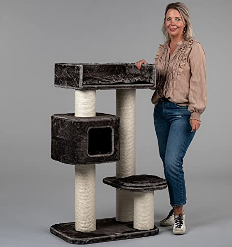 RHRQuality Cat Tree for Large Cats - Devon Rex – 120 cm High – With 15 cm Sisal Posts & Playhouse – Taupe