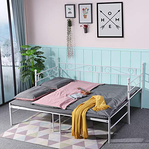 DORAFAIR Tagesbett Bettsofa Schlafsofa für Kinderzimmer Gästezimmer,Metallbett mit Unterbett Ausziehbett, Beige