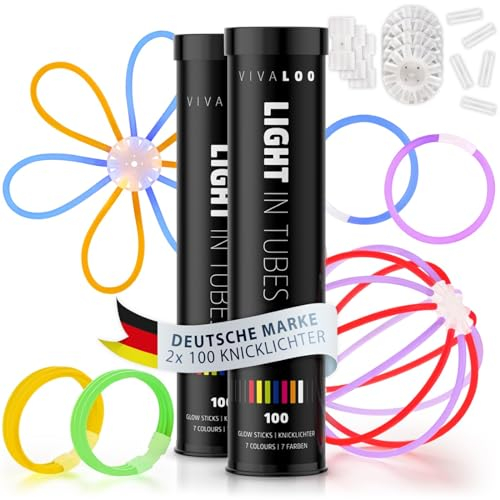 Vivaloo 200 Knicklichter Set 7 Farben inkl. Verbinder - Leuchtstäbe mit Verbinder für Leuchtarmbände, Party Brillen, Bälle usw. - Deko & Festival Zubehör - Lichter Neon - Deko