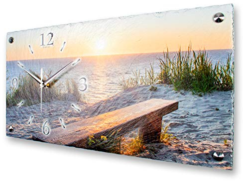 Kreative Feder Designer-Wanduhr Bank am Strand aus Stein mit Zeigern aus gebürstetem Aluminium - Designeruhr aus Stein mit flüsterleisem Uhrwerk (Bank am Strand, leises Funkuhrwerk)